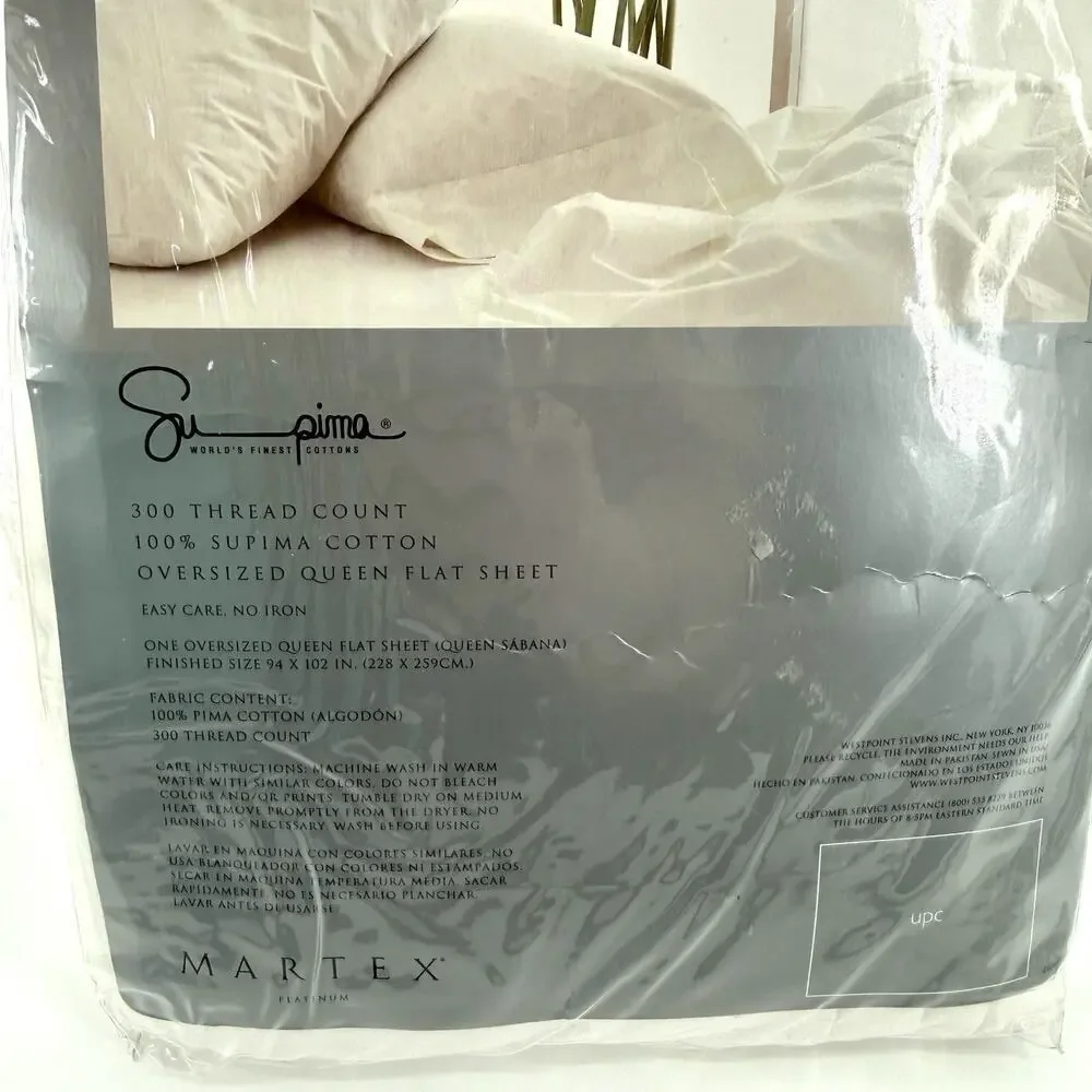 MARTEX 300 Thread Count 100% Supima Cotton Ivory Oversized QUEEN Flat Sheet